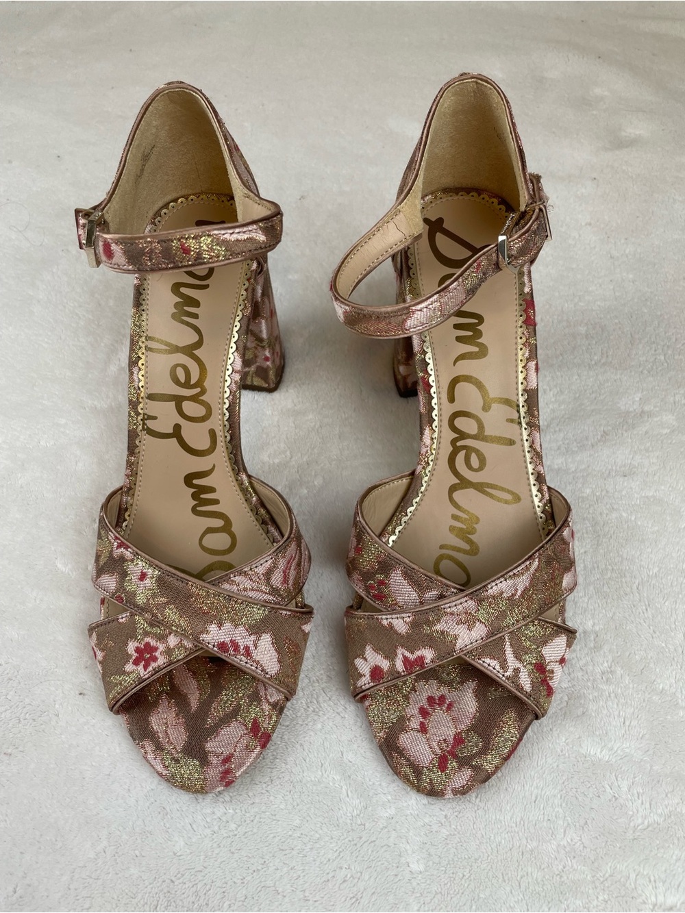 Sam Edelman Metallic Rose Gold Floral Block-Heel Sandals - Picture 1 of 6